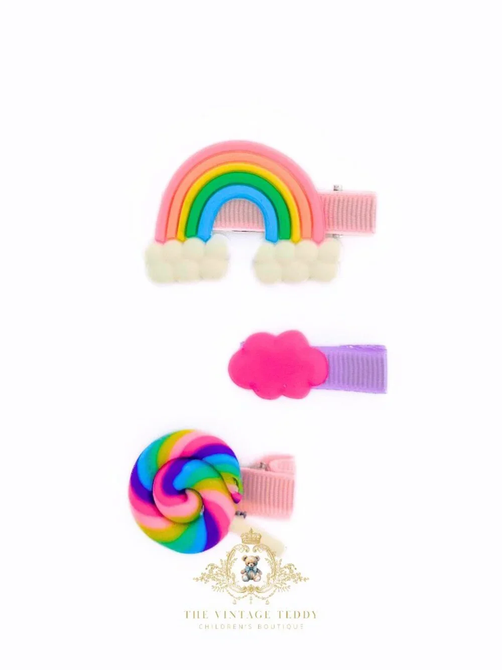NWT Cute Girls Hair Accessories Rainbow, Cloud & Lollipop Kids Hair Clips Purple